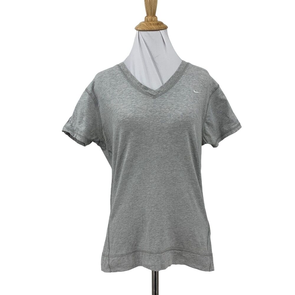 Nike Knit Shirt Womens L Large Gray Short Sleeve V Neck Cotton Stretch Top